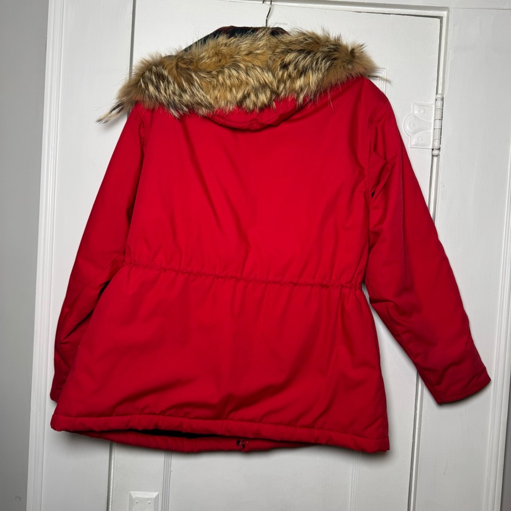 Woolrich Flannel Lined Fur Trim Parka Red Winter Coat Large - Picture 11 of 16